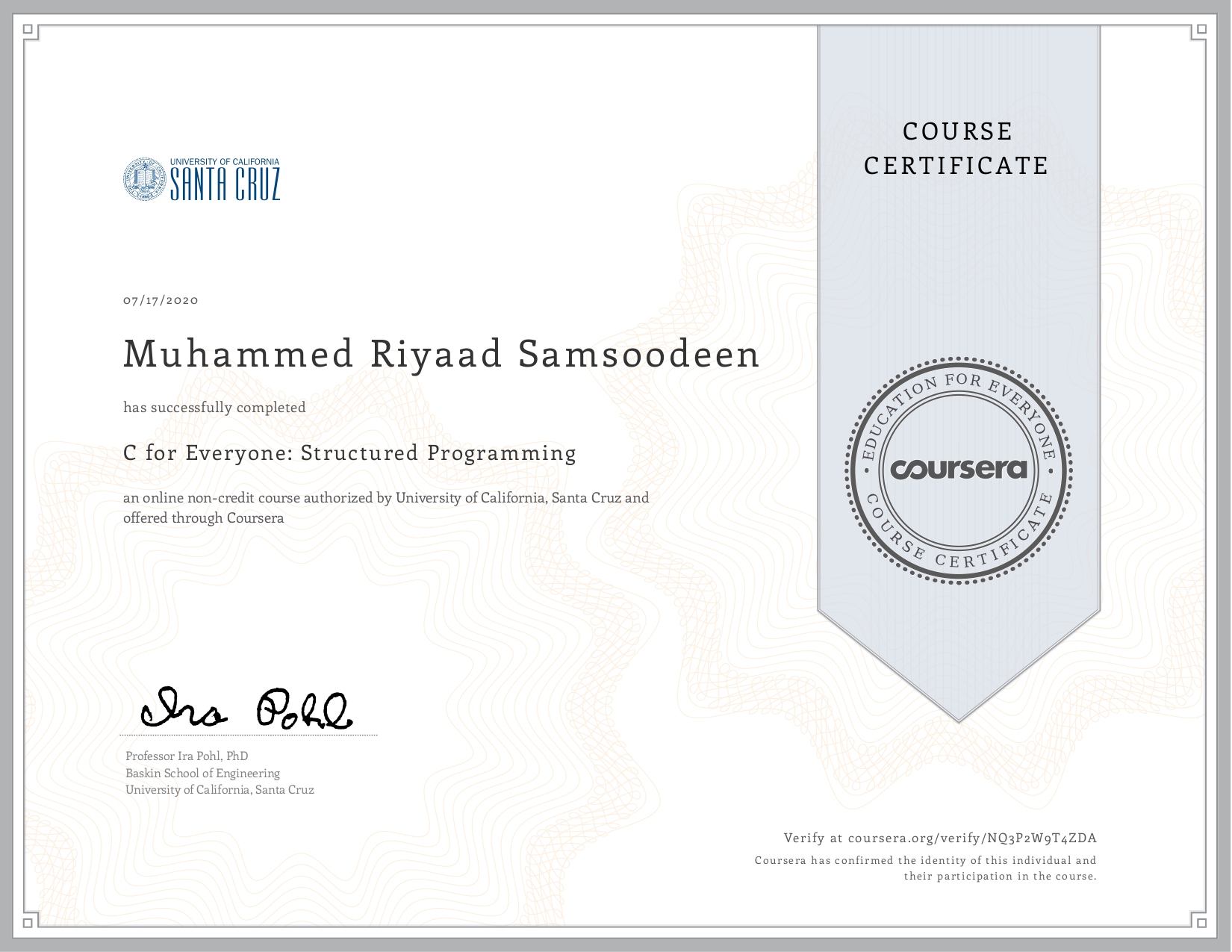Coursera Certificate for C Programming: Structured Programming